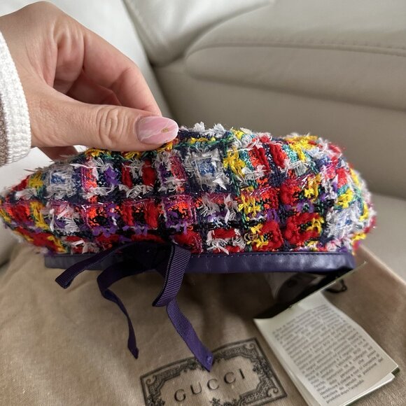 NWT GUCCI LAME BERET CAP Check Lame Sz L Multicolour Violet Tweed - Picture 9 of 14